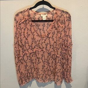 Sundance Blush Pink Sheer Floral Ruffle V-Neck Blouse size XL